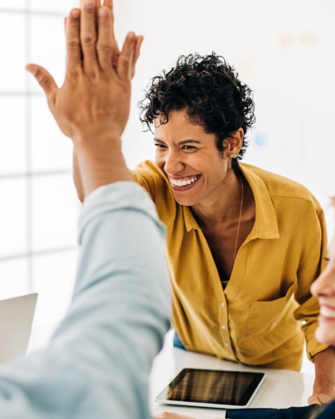 Two coworkers smiling and high fiving.