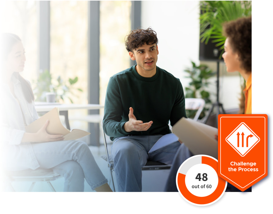 Two people chatting outside with one of them giving 360 feedback from their leadership report. A 48 out of 60 score and Challenge the Process banner are in the bottom right corner.