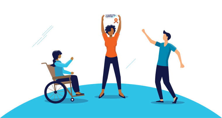 Three people standing among clouds and stars, with the center person holding up a Leadership Challenge Certification certificate.