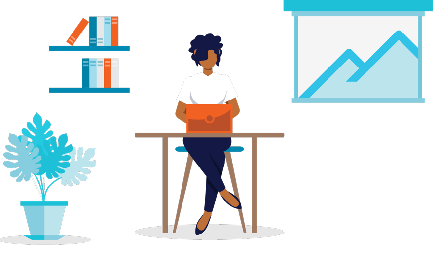 Illustration on a woman working at a laptop with a mountain scape view out of her window.