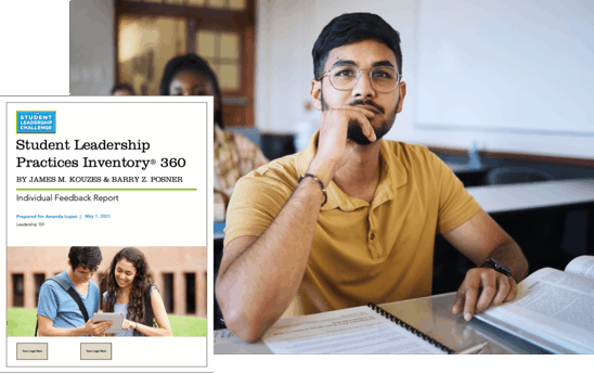 Student listening in a classroom setting. The cover of The Student Practices Inventory® 360 is overlayed in the bottom left corner.