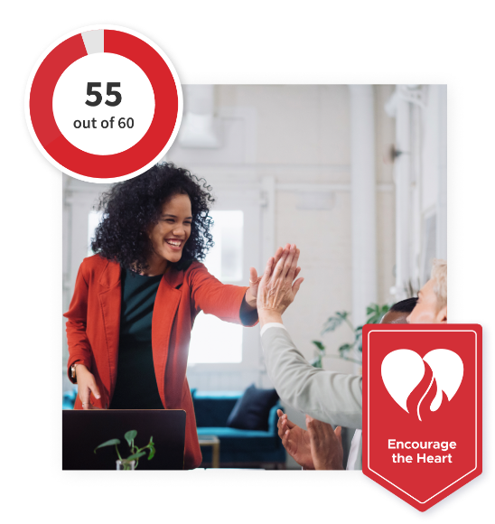 Coworkers high-fiving, with a red ‘Encourage the Heart’ banner at the bottom and a 55 out of 60 scale in the top left corner.
