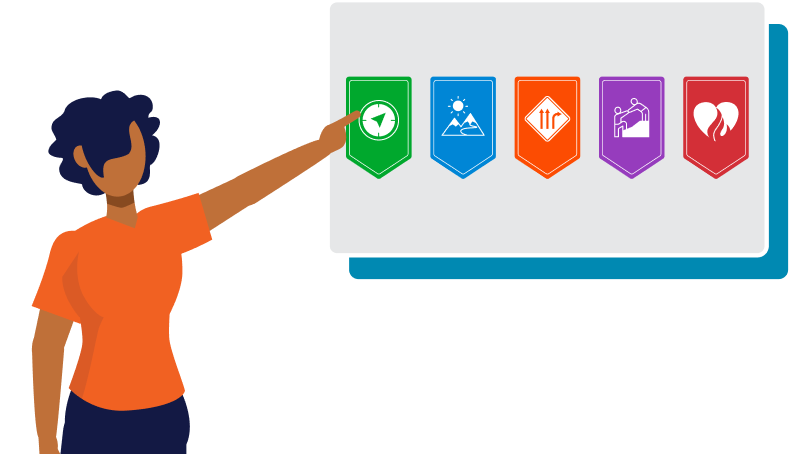 Illustration of a woman pointing at The Five Practices of Exemplary Leadership Badges.