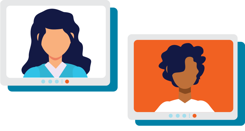 Illustration of two computer screens side-by-side representing one-on-one coaching and mentorship.