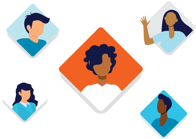 Illustration of a person at the center and four people around them.