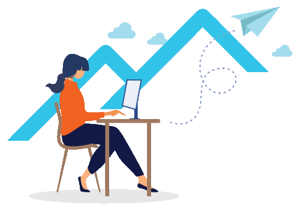 Illustration of a woman sitting at a desk working on a computer with a mountain scape behind her.